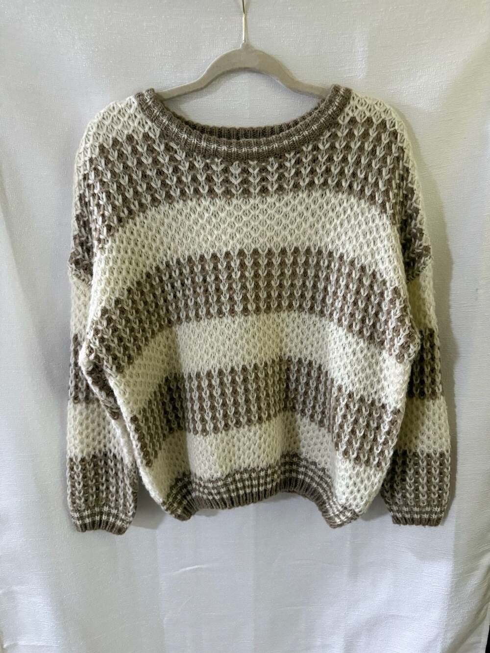 Vine & Love Brown and Ivory Striped Open Knit Drop Shoulder Sweater